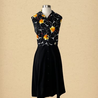 Vintage 70s Sears Black Floral Mod Dress, Size estimate Women's Medium 
