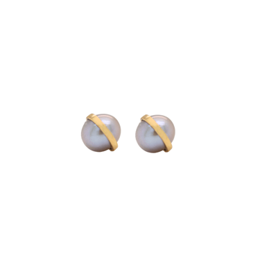 Bezel Wrapped Grey Pearl Stud Earrings