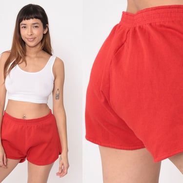 Red Gym Shorts 80s Running Shorts Retro High Waisted Plain Jogging Elastic Waist Athletic Hot Pants Workout Vintage 1980s Medium M 