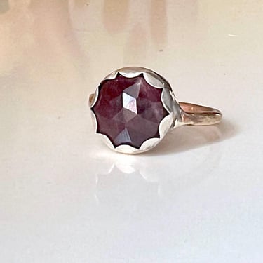 Dark Red Natural Rosecut Ruby in Scalloped Sterling Silver Bezel on Heavy 14k Goldfilled Band 