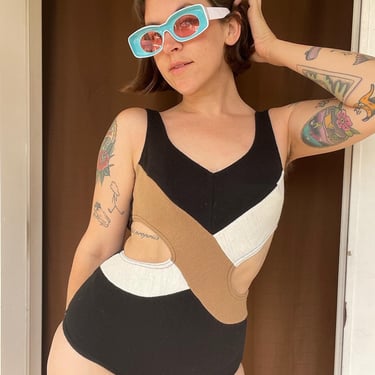 1960s wool cutout swimsuit, black brown and white 