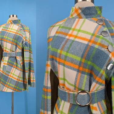 Vintage Mod Plaid Belted Cape - 60s / 70s Small Handmade Acrylic Cape 