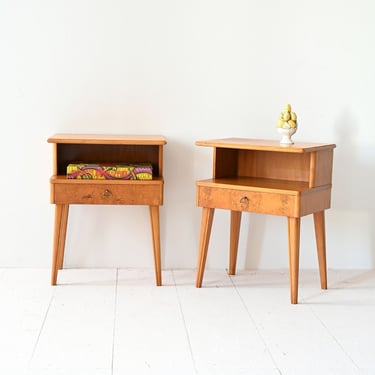 Vintage Burl Wood Nightstands – Mid-Century Modern Scandinavian Pair with Brass Handles 