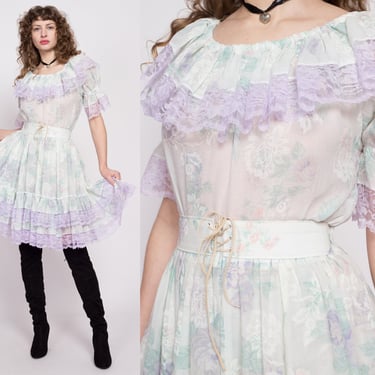 70s Pastel Floral Square Dance Set - Small | Vintage Boho Cottagecore Lolita Blouse & Mini Circle Skirt Outfit 