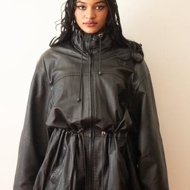 1980s Black Leather Oversize Anorak 