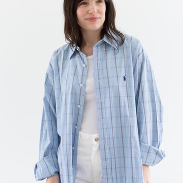 Vintage Light Blue Yellow Pink Plaid Button up Shirt | Unisex Ralph Lauren Polo 100 Cotton Windowpane Grid Work Studio Tunic | XXL | 