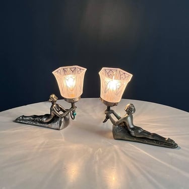 Art Deco Women Figural Table Lamps, signed Chandler, c.1930’s 