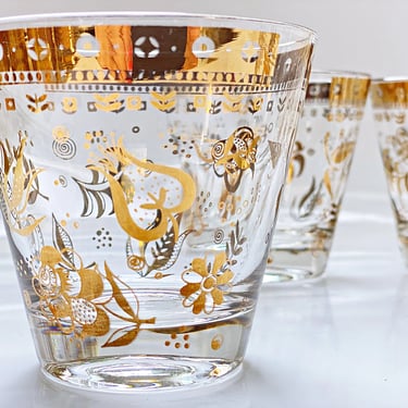 Georges Briard glassware, 4 Persian Garden rocks bar glasses for Whiskey and Old fashioned cocktails Fun gold floral MCM Barware tumblers 