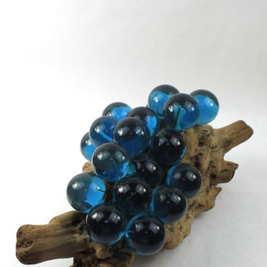 Vintage Lucite Acrylic Grape Cluster on Burlwood Sculpture Peacock Blue MCM 