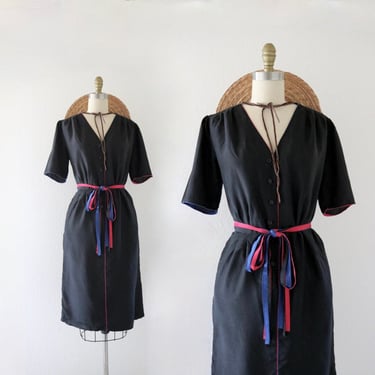 belted silk dress - 14 - vintage womens size large short sleeve spring summer knee dress with belt with pockets 