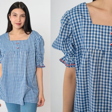 70s Gingham Puff Sleeve Blouse 1970s Blue White Checkered Shirt Tunic Top Bohemian Square Neck Picnic Top Cottagecore Prairie Vintage Large 