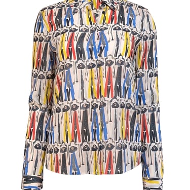 Alice & Olivia - White w/ Red, Yellow, & Blue Model Print Shirt Sz S