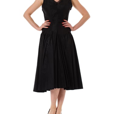 1950S Black Acetate Taffeta Swing Skirt Cocktail Dress With Unique Gathered Details 