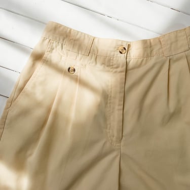high waisted shorts | 80s 90s vintage pale pastel yellow cotton khaki pleated shorts 