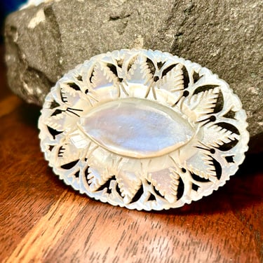 Carved Mother Of Pearl Brooch Vintage Retro Handmade Estate Jewelry Mid Century 