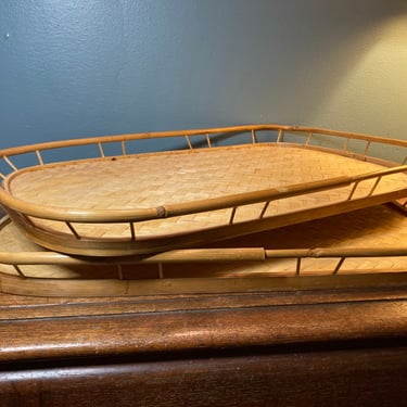 Pair Vintage Woven Bamboo Trays 