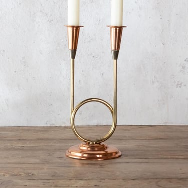 Double French Horn Candle Holder, Vintage Brass and Copper Candlestick for Two Taper Candles 