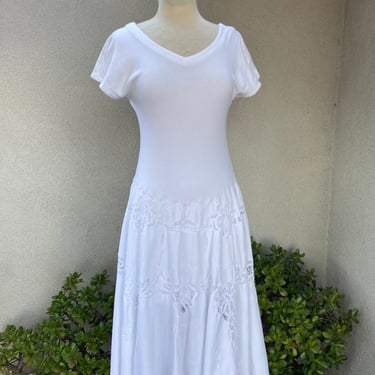 Vintage Wounded Bird cotton knit boho dress with crochet lace tablecloth skirt sz Small. No labels . This is in ok condition with issues of 