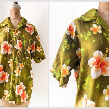 Vintage 1960’s ‘70s Hawaiian print shirt | soft cotton Hawaiian shirt, handmade, bowling shirt, M 