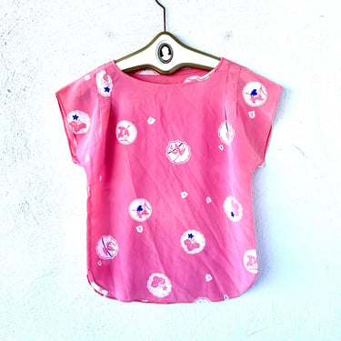 Vintage 70s Pink Floral Top 1970s Japanese Asian Shirt 