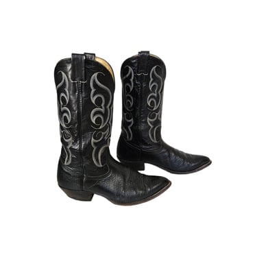 Nocona 1980's Flame Stitched Black Leather Western Cowboy Boots I Sz 9.5 Mens 