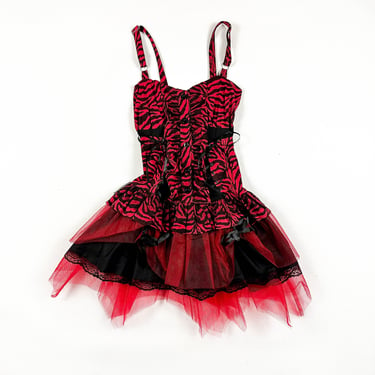 1990s / y2k Red and Black Zebra Print Handkerchief Hem Dress / Asymmetrical Hem / Animal Print / Corset / Tulle / Tutu / Goth / Rave / Kandi 