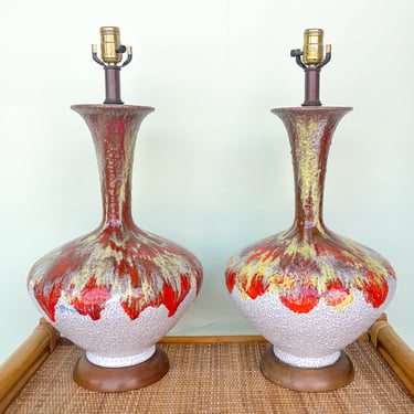 Pair of Mid Century Modern Drip Glazed Lamps