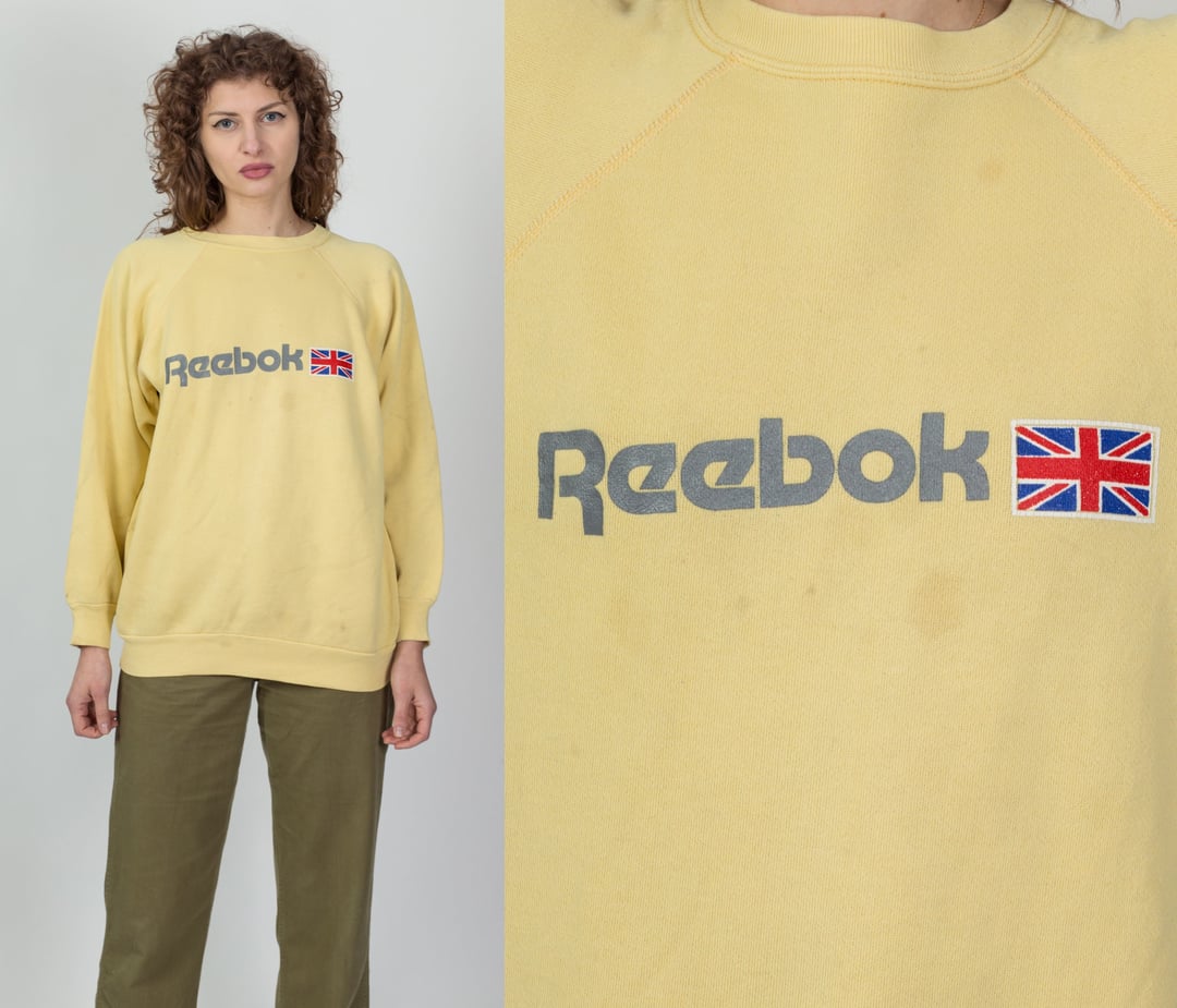 90s Reebok Yellow Distressed Sweatshirt - Men's Large Short
