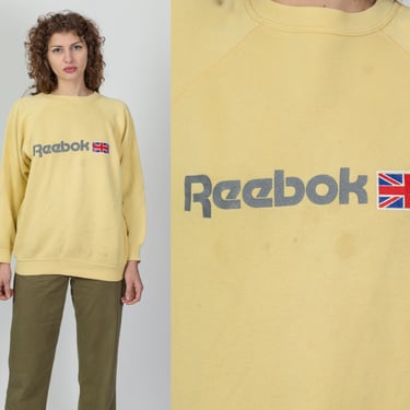 90s Reebok Yellow Distressed Sweatshirt - Men's Large Short, Women's XL | Vintage Streetwear Spell Out Logo Pullover 