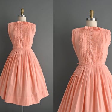vintage 1950s Peach Cotton Full Skirt Dress  I Medium 