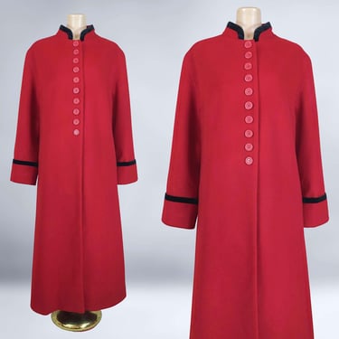 VINTAGE 80s Long Red Wool Overcoat by Harve Benard Plus Size | 1980s Military Inspired Winter Coat | Gothic Vestments | VFG 