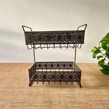 Vintage Small Black Two Tier Countertop Decorative Metal Storage Rack 