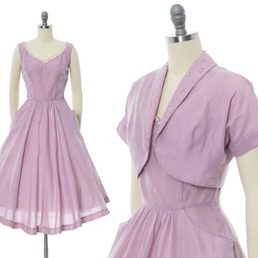 Vintage 1950s Dress Set | 50s Pastel Purple Beaded Rhinestone Cotton Fit and Flare Sundress & Bolero Two Piece Set (x-small) 