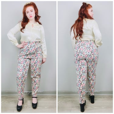 1980s Vintage Ice-T Paper Bag Waist Floral Cotton Pants / 80s / Eighties Pink and Blue Elastic High Waisted Trousers / Size Medium - Large 