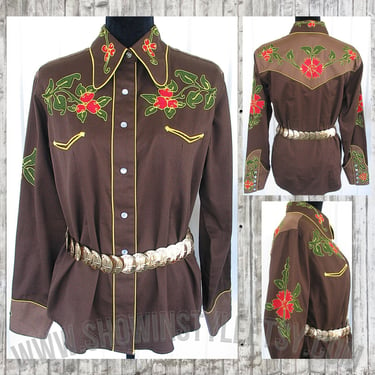 Vintage Retro Women's Cowgirl Western Shirt by Rockmount, Rodeo Queen Blouse, Chain Stitch Embroidered Flowers, XLarge (see meas. photo) 
