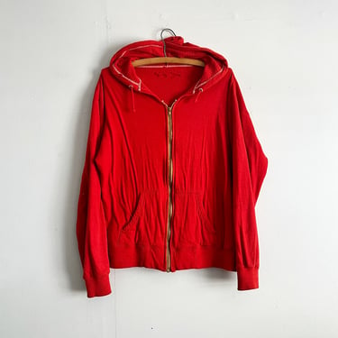 Vintage 60s 70s Thermal Lined Zip Up Red Hoody Hooded Sweatshirt distressed size L 