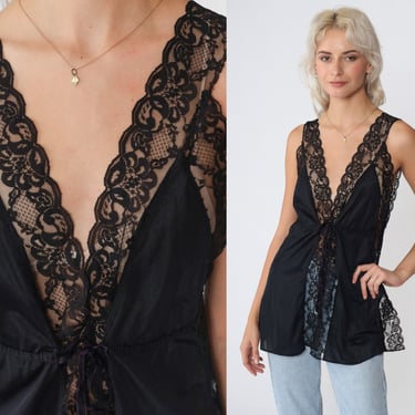 Black Lace Camisole 80s Lingerie Tank Top Sheer Floral V Neck Sleep Shirt Sleeveless Blouse Gothic Witchy Boudoir Sexy Vintage 1980s Medium 