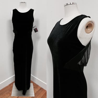 1980s - 1990s Long Black Velvet Stretchy Maxi Dress w Sheer Button Back by Rhapsody M-L Petite | Vintage, Halloween, Adams, Witch, Sexy 