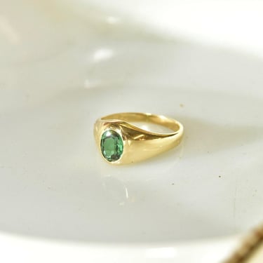 Vintage 14K Gold Simulated Emerald Men's Ring, Oval-Cut Gemstone, Small Gemstone Dome Ring, Polished Yellow Gold Band, 585, Size 10 US 
