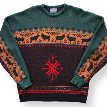 Vintage 60s/70s Pendleton 100% Virgin Wool Ski & Elk Pattern Made in USA Knit Sweater Pullover Size Large 