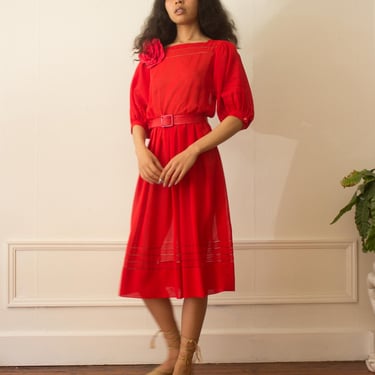 1980s Albert Nipon Red Georgette Puff Sleeve Dress 
