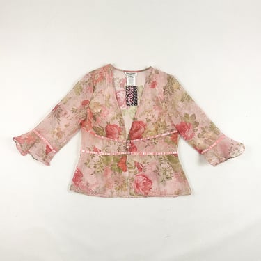 y2k Pink Sheer Floral Flutter Sleeve Blouse / Belly Shirt / See Through / Size 10 / M / Crinkle Material / Pastel / Satin Ribbon / Coquette 