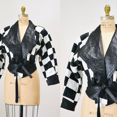 Vintage Leather Motorcycle Jacket Black and White Checker Size Large// 90s Black and White Leather Jacket Biker 