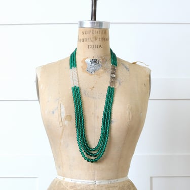 vintage Art Deco emerald green glass & crystal long necklace • beaded multi-strand statement necklace 
