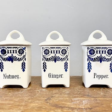 Antique Blue Stencil German Spice Jars | Blue + White Kitchen | Antique German | Modern Farmhouse | Spice Jars Shaker | Ginger Pepper Nutmeg 