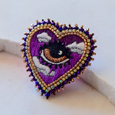 Mini Embroidered Heart Eye Brooch