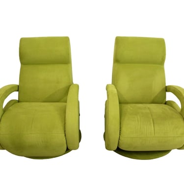 Pair of American Leather Ultra Suede Reclining Swivel Arm Chairs 