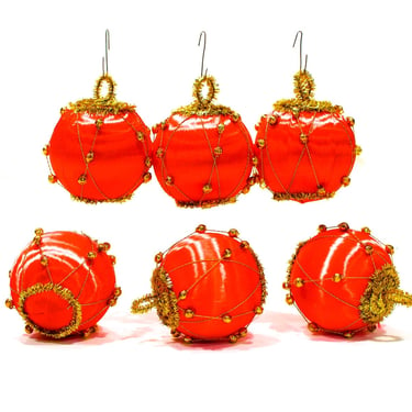 VINTAGE: 7 Red Satin and Mercury Glass Bead Ornaments - Gold Ornaments - Mercury Glass Ornament - SKU  Tub-601-00011741 
