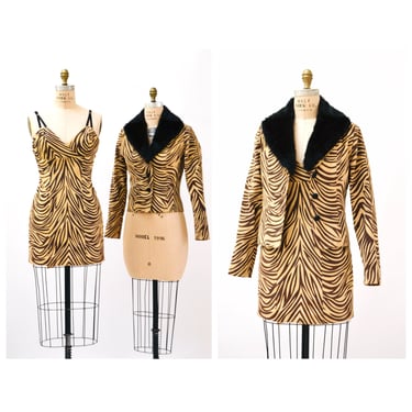 90s 2000s y2k Vintage Leather Zebra Print Dress Jacket North Beach Michael Hoban Fur Collar Jacket and Leather Dress Size Small Medium Zebra 