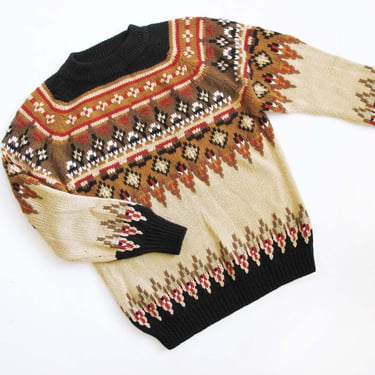 Vintage 70s Fairisle Sweater M - 1970s Norwegian Ski Sweater - Black Brown Red Cozy Hygge Pullover Knit Jumper - Unisex Patterned Pullover 